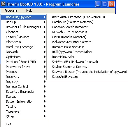 Hiren BootCD options