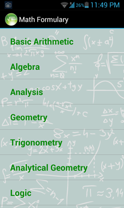 Math Formulary main screen
