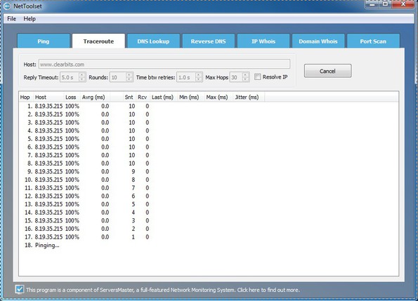 NetToolset running traceroute