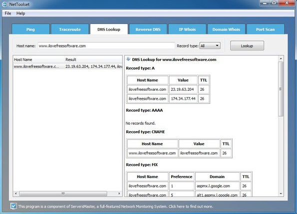 NetToolstat DNS lookup