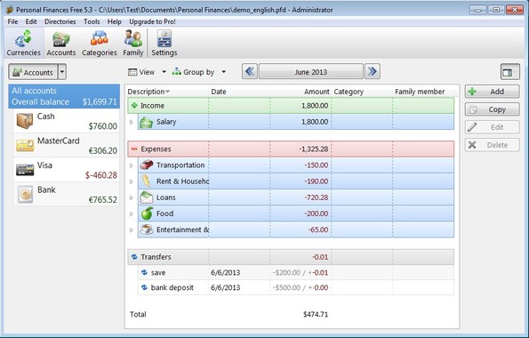 Personal Finances default window