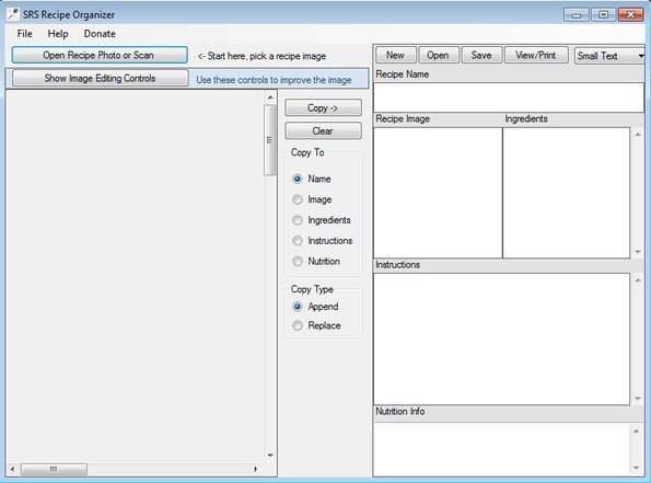 SRS Recipe Organizer default window