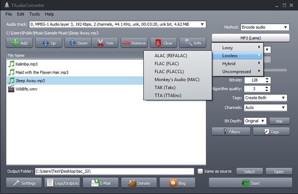 TAudio Converter selected file settings