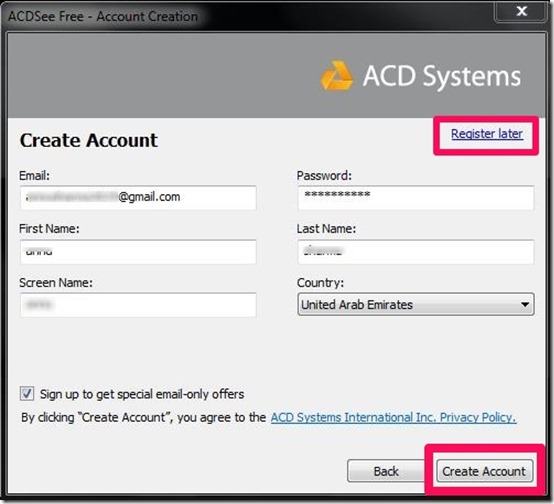 ACDSee account creation