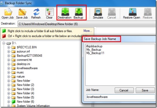 Backup Folder Sync- save backup job and start backup process