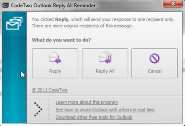 CodeTwo Outlook Reply All Reminder default window