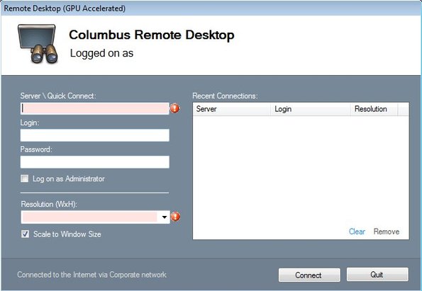 Columbus Remote Deskop default window