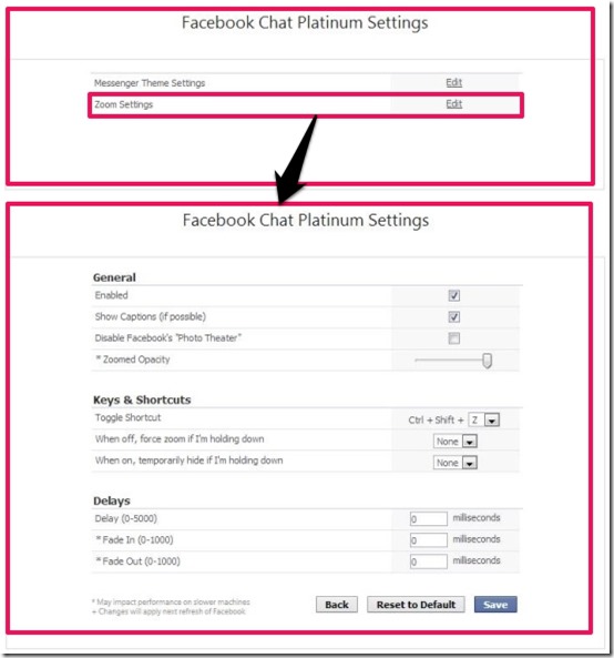 Facebook Chat Platinum zoom settings