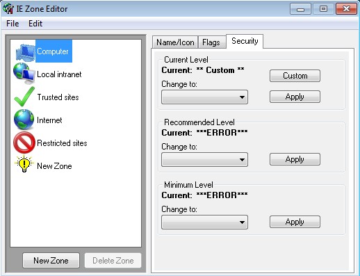 IE Zone Editor default window
