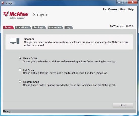 McAfee Stinger interface