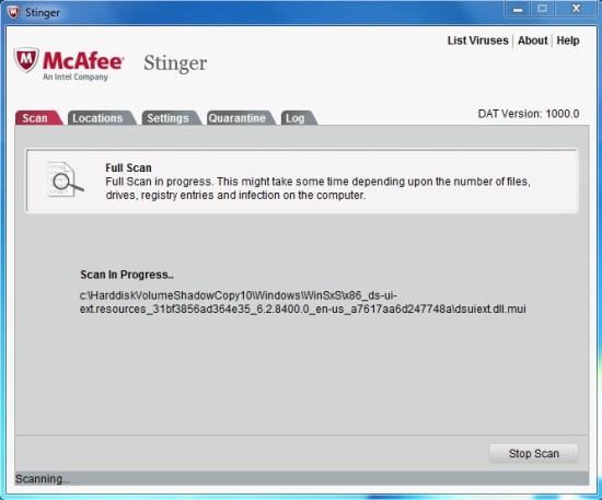 McAfee Stinger scan