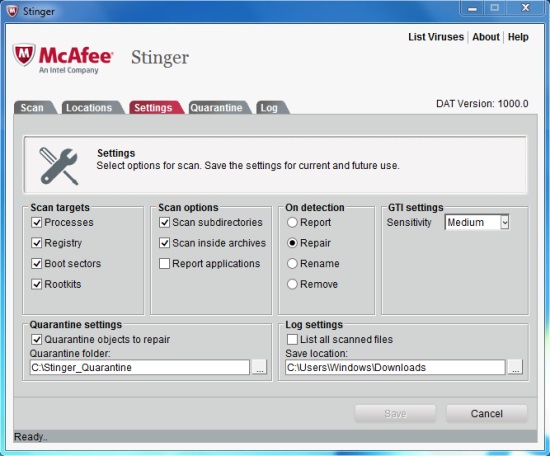 McAfee Stinger settings