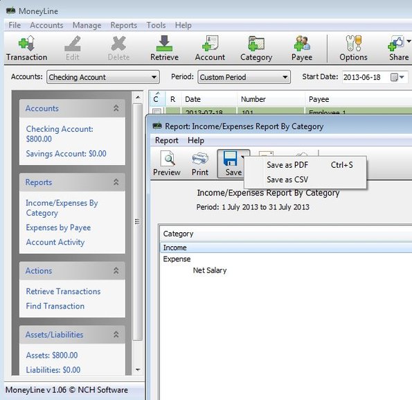 MoneyLine exporting transactions