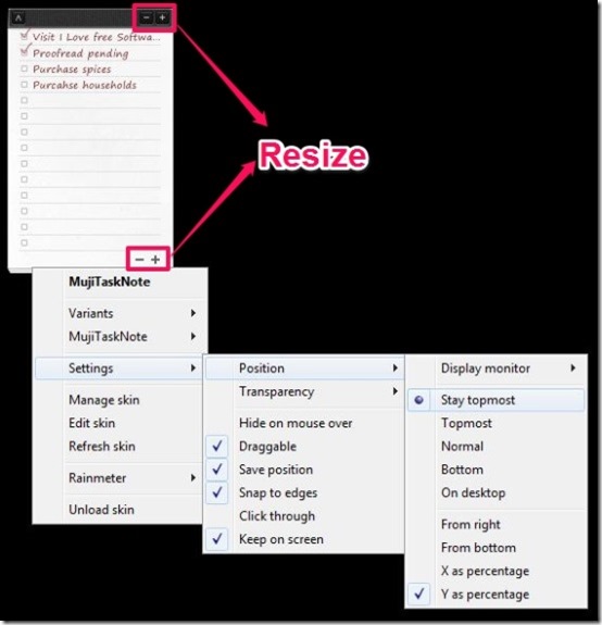 MujiTaskNote settings for position