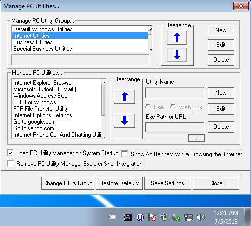 PC Utility Manager selecting applications