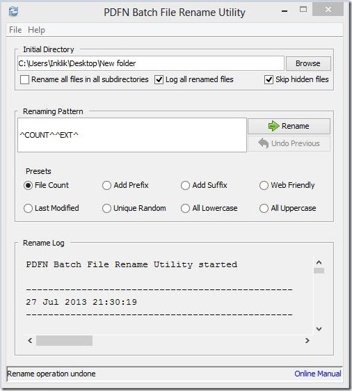 PDFN Batch File Rename Utility-Main Window