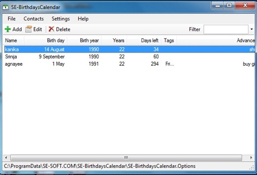 SE-BirthdaysCalendar - Free reminder software interface