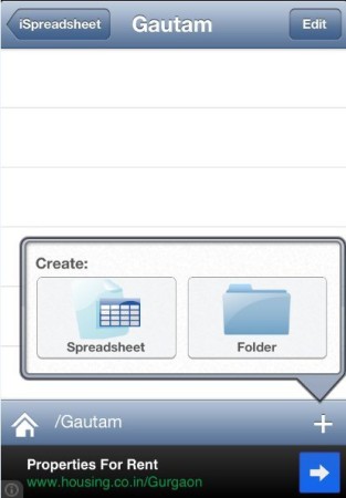 iSpreadsheet-add new folder or spreadsheet-spreadsheet on iPhone