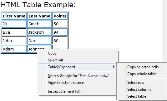 Table2Clipboard copying selection