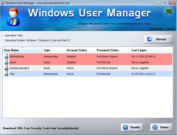 Windows User Manager disable users