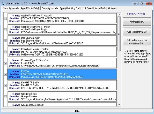 dUninstaller removing adding applications