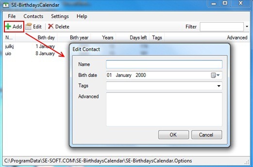 SE-BirthdaysCalendar - Free reminder software adding events