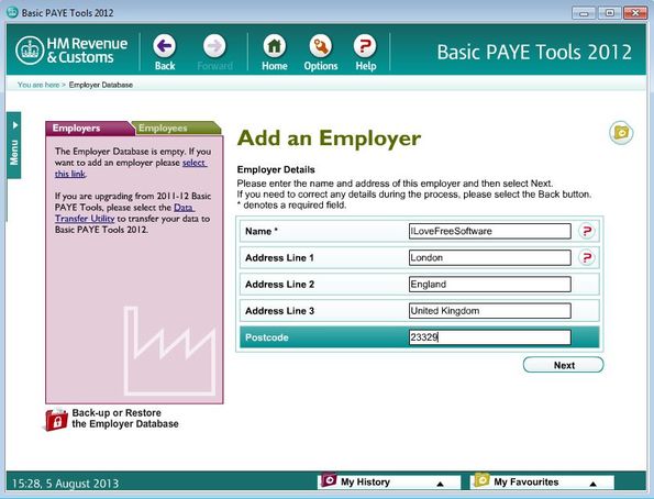 Basic PAYE Tools adding employer