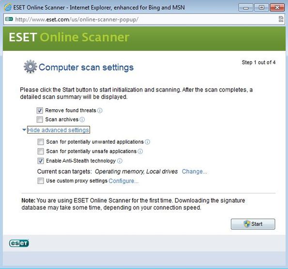 ESET Online Scanner default window