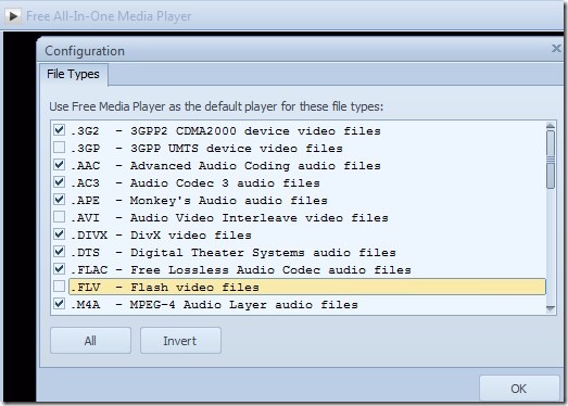 Free All-In-One Media Player- select file types