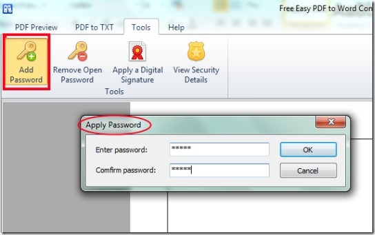 Free Easy PDF To Word Converter- set password to pdf file