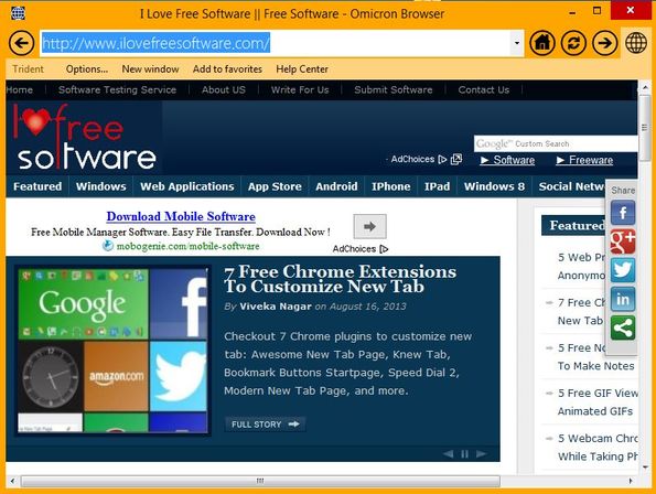 Omicron Browser default window