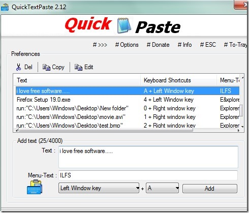 QuickTextPaste- interface 00 set hotkey for text