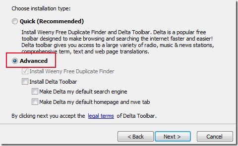 Weeny Free Duplicate Finder- installation type