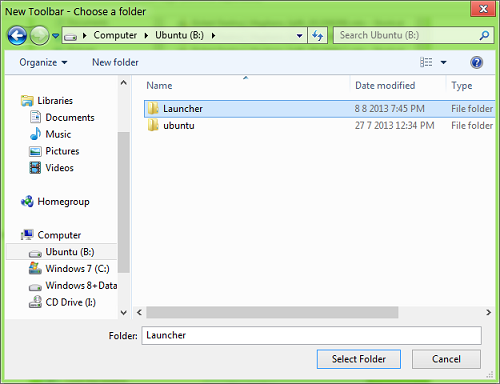 new toolbar select folder