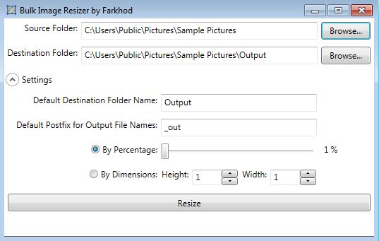 Bulk Image Resizer default window