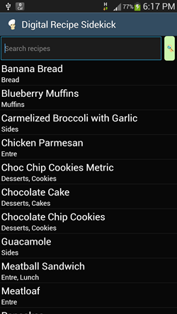 Digital Recipe Sidekick main screen