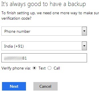 Enable Two Step Authentication in Hotmail- Phone Number option