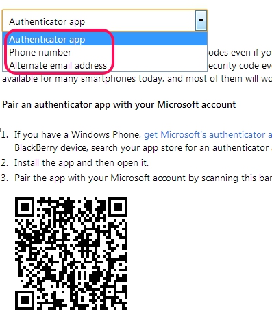 Enable Two Step Authentication in Hotmail- select an option
