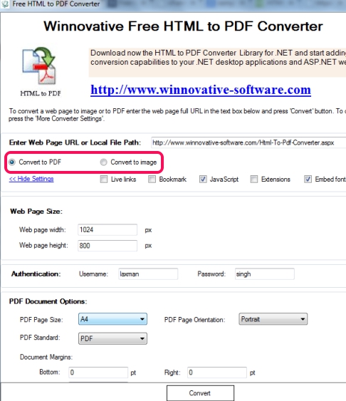 Free HTML To PDF Converter- interface