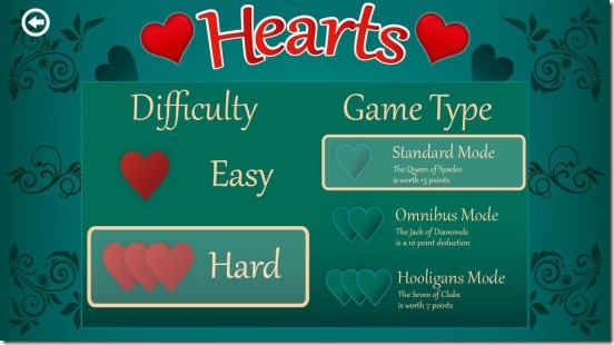 Hearts Deluxe - game type and difficulty levels