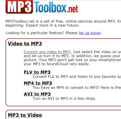 MP3Toolbox.net- select option to convert a media file