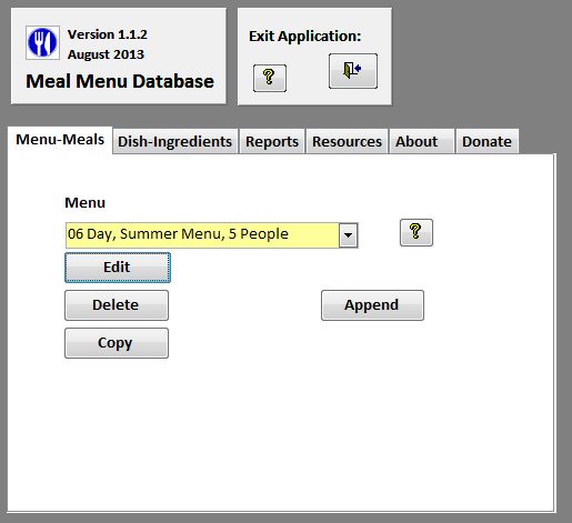 Meal Menu Database default window