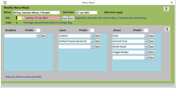 Meal Menu Database editing meals