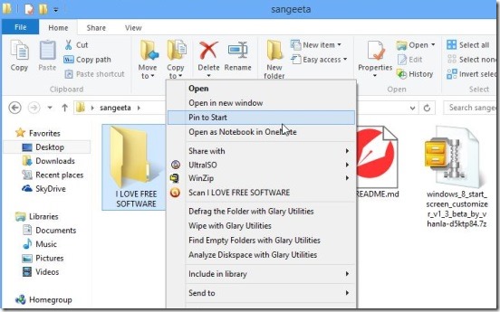 Pinning folder to Windows 8 Start Screen