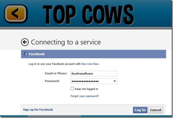 Run Cow Run - connecting to Facebook