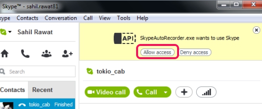 SkypeAutoRecorder- allow access