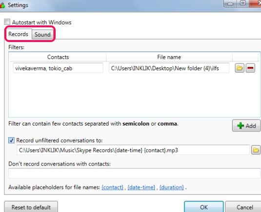 SkypeAutoRecorder- settings window
