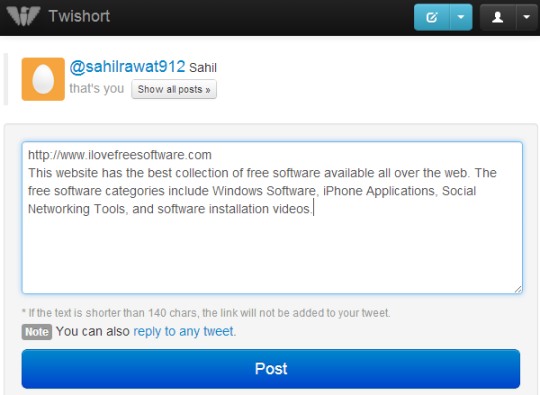 Twishort- post long tweets