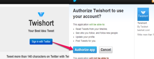 Twishort- sign in to Twitter and authorize Twishort