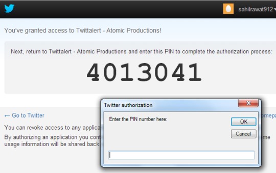 Twittalert- twitter desktop authorize the app and enter pin